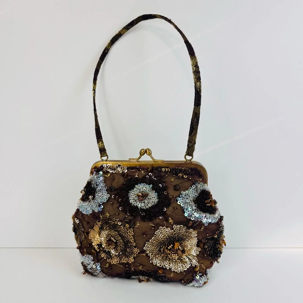 SANTI Y2K Brown Silk Beaded Sequin Tiger’s Eye Evening Luxury Hand Bag‎